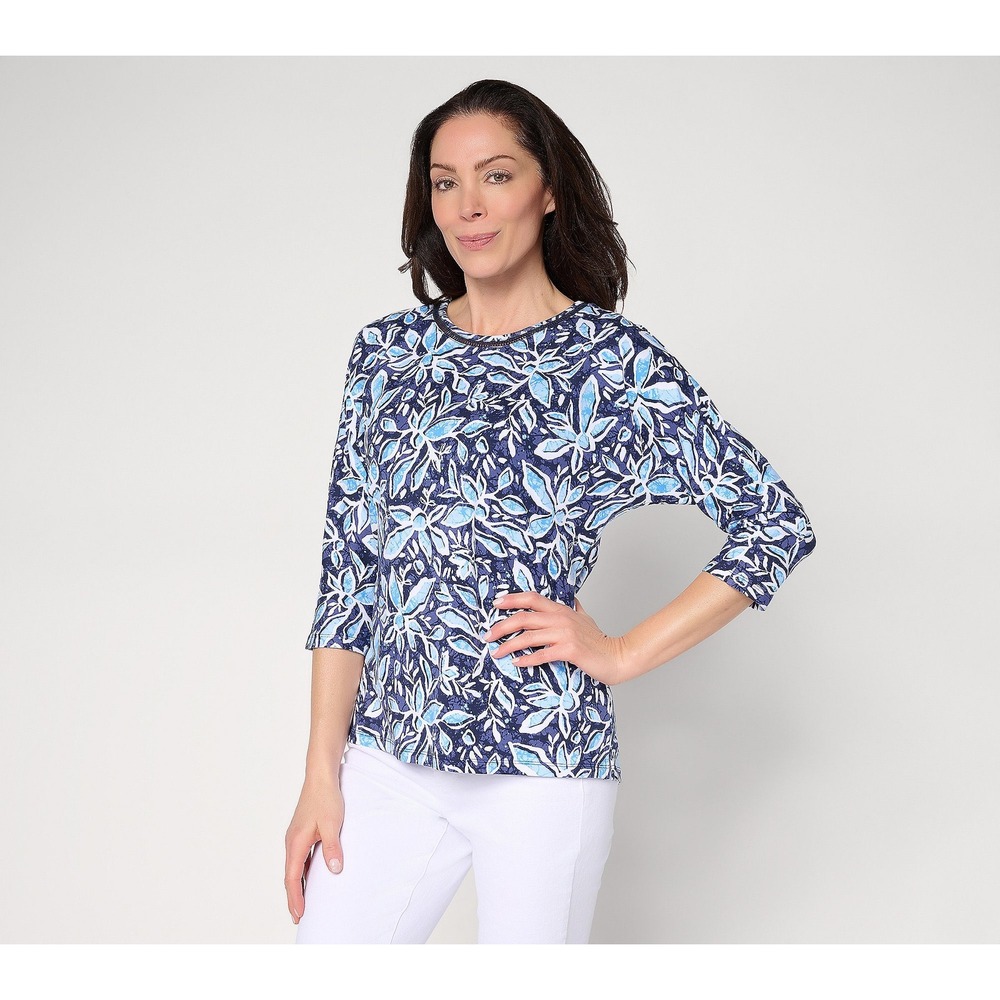 Denim & Co Beach Blue Floral Crochet Neck 3/4 Sleeve Top Size XL